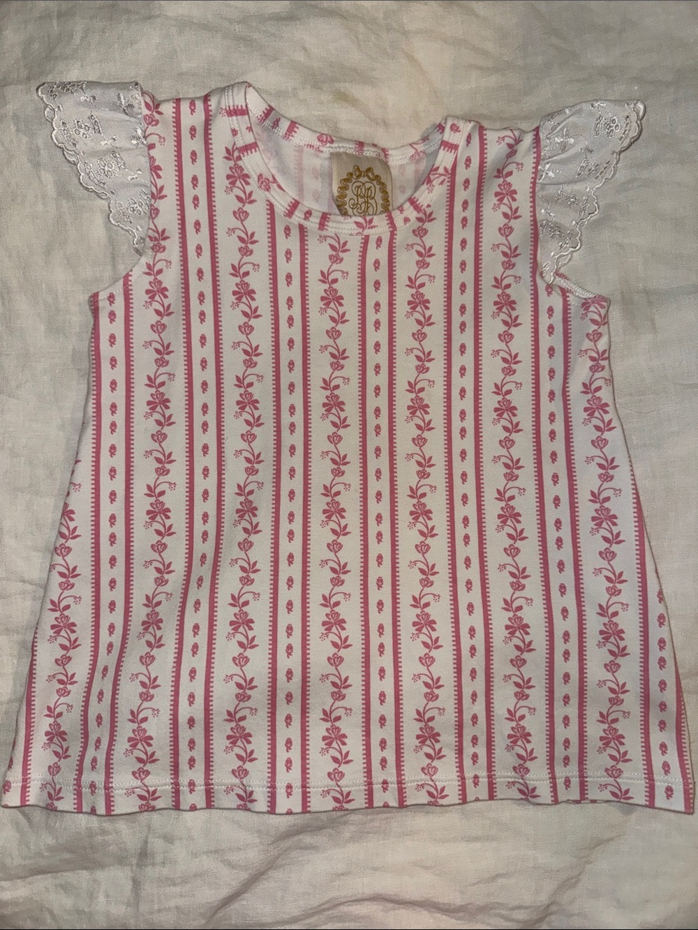 The Beaufort Bonnet Company White & Pink Floral Stripe Lace Sleeve Tank